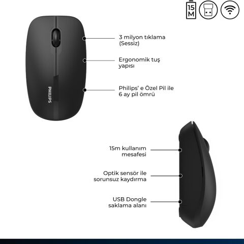 Philips SPK7418 Kablosuz Bluetooth 1600DPI 4 Tuşlu Optik Sessiz Mouse Siyah