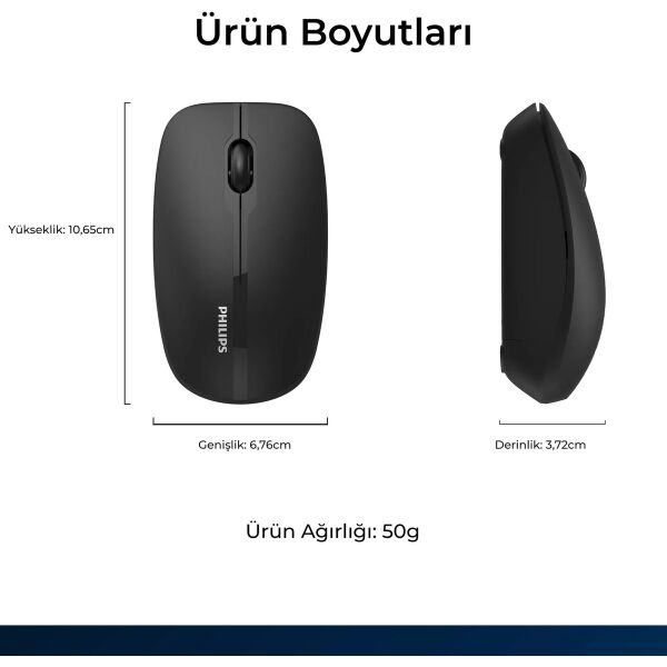 Philips SPK7418 Kablosuz Bluetooth 1600DPI 4 Tuşlu Optik Sessiz Mouse Siyah
