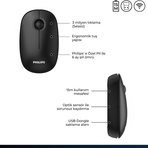 Philips SPK7378 Kablosuz 1600DPI 3 Tuşlu Optik Sessiz Mouse Siyah