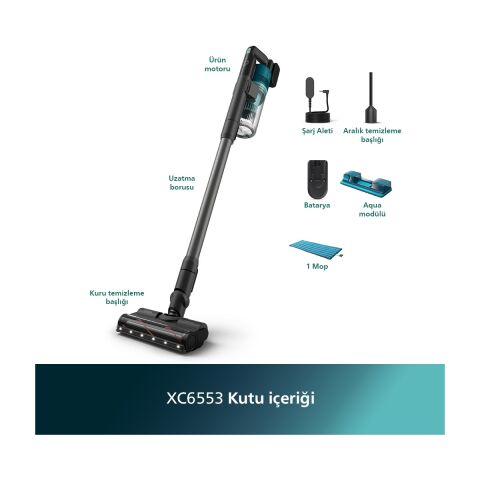 Philips 6000 Serisi XC6553/01 PowerCyclone 11, Aqua Modül ile Kolay Mop, TriActive LED Başlık, 64 Dakika Kullanım Kablosuz Dikey Süpürge