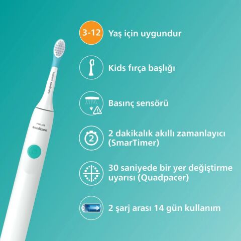 Philips Sonicare HX3601/01 Çocuk Şarjlı Diş Fırçası Hassas Temizlik Stickerlı 2 Yoğunluk