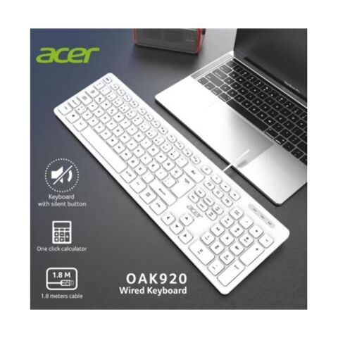 Acer OAK920 Q USB Beyaz 1.8mt Kablolu Tek Tuş Hesap Makinalı Sessiz Tuş Klavye