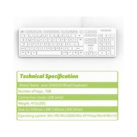 Acer OAK920 Q USB Beyaz 1.8mt Kablolu Tek Tuş Hesap Makinalı Sessiz Tuş Klavye