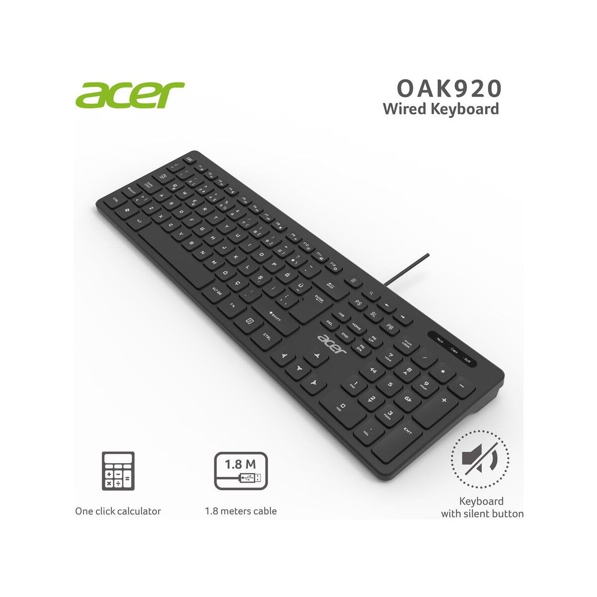 OAK920 Q USB Siyah 1.8mt Kablolu Klavye-Tek Tuş Hesap Makinalı (Sessiz Tuş)