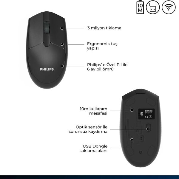 Philips SPK7337 Kablosuz Mouse 1200DPI 3 Tuşlu Optik Mouse Siyah