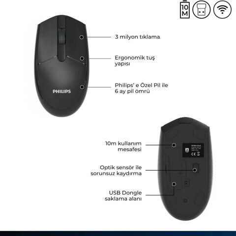 Philips SPK7337 Kablosuz Mouse 1200DPI 3 Tuşlu Optik Mouse Siyah