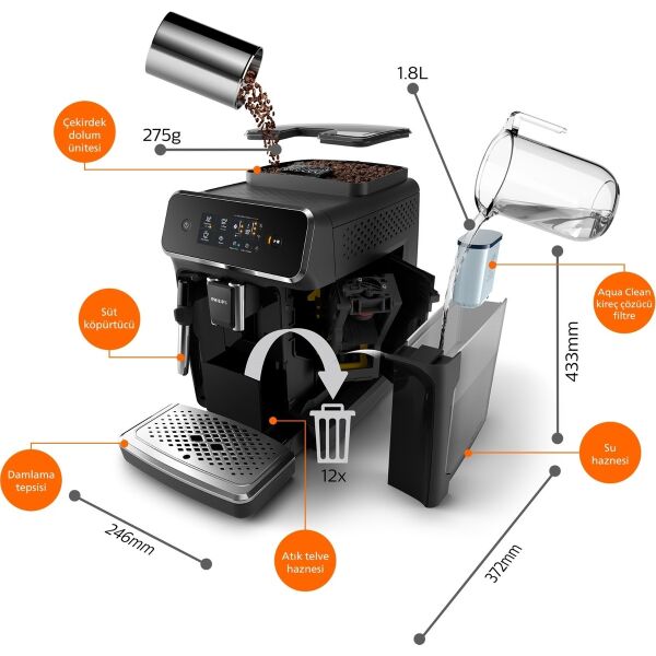 Philips EP2220/10 2200 Serisi Tam Otomatik Espresso Makinesi, Dokunmatik Ekran, Klasik Süt Köpürtücü, 2 İçecek, Mat siyah,