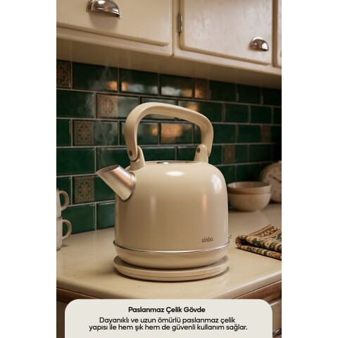 Sinbo SK-8035 Bej Retro Kettle 2.2l Paslanmaz Çelik Elektrikli Su Isıtıcı 360° Kablosuz 1800W