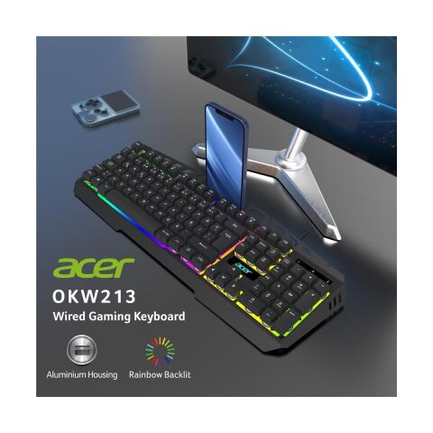 Acer OKW213 Siyah Rgb Rainbow Backlit Gaming Keyboard Rainbow (Kablo Uzunluğu 1,5mt)