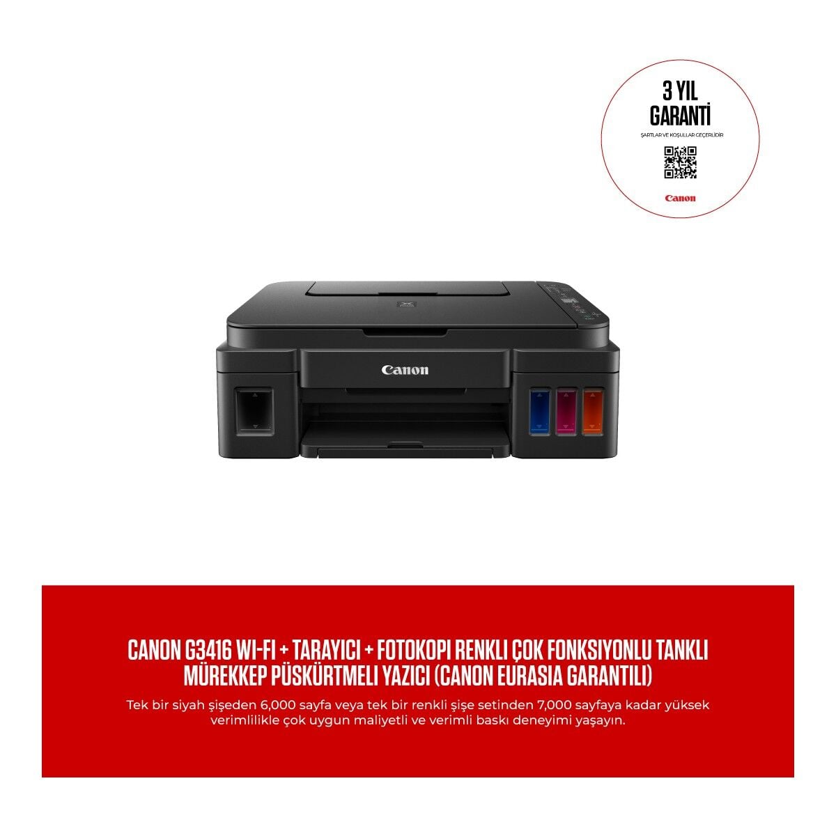 Canon G3416 Yazıcı/Tarayıcı/Fotokopi Renkli Mürekkep Tanklı Yazıcı WI-FI