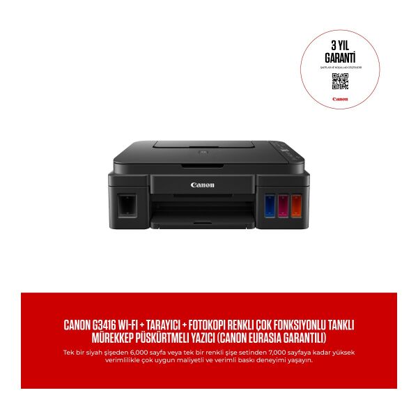 Canon G3416 Wi-Fi + Tarayıcı + Fotokopi Renkli Çok Fonksiyonlu Tanklı Mürekkep Püskürtmeli Yazıcı (Canon Eurasia Garantili)