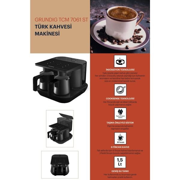 Grundig Tcm 7061 St Siyah Türk Kahve Makinesi 6 Fincan Kapasite ile Otomatik Kapanma Özelliği