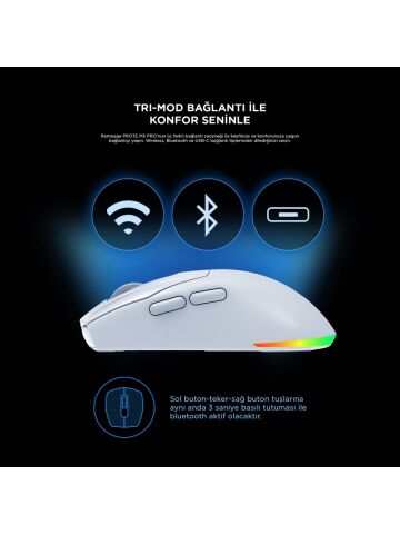 Rampage PROTE M5 PRO Kablosuz Beyaz RGB Ledli Şarjlı 26000 DPI 3395 Sensör Gaming Oyuncu Mouse