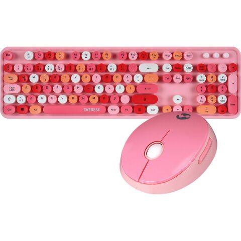Everest ROUND KM-6282 Renkli Tuşlu Pembe Kablosuz Q Multimedia Klavye + Mouse Set