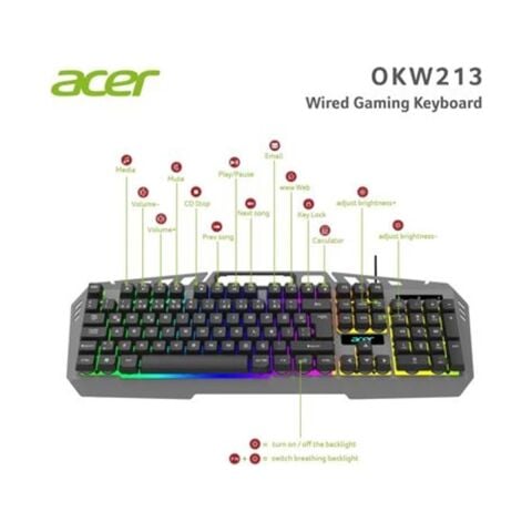 Acer OKW213 Gri Rgb Rainbow Backlit Gaming Keyboard Rainbow (Kablo Uzunluğu 1,5mt)