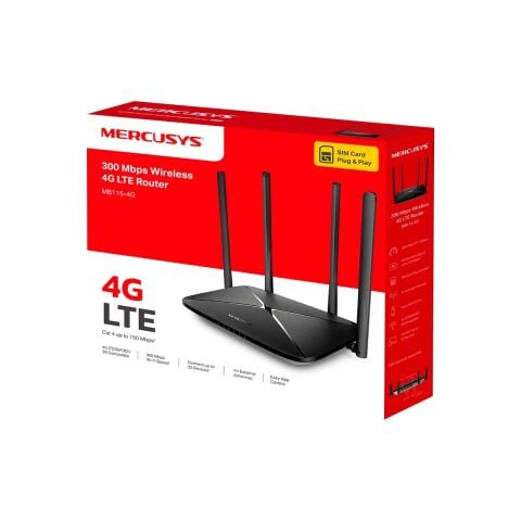 Mercusys MB115-4G | N300 Mbps 4g Lte Router | Sım Kart Girişli | 4 Ethernet Portu | 4 Harici Antenli | 32 Cihaza Kadar Bağlantı | Mobil Uygulama Destekli