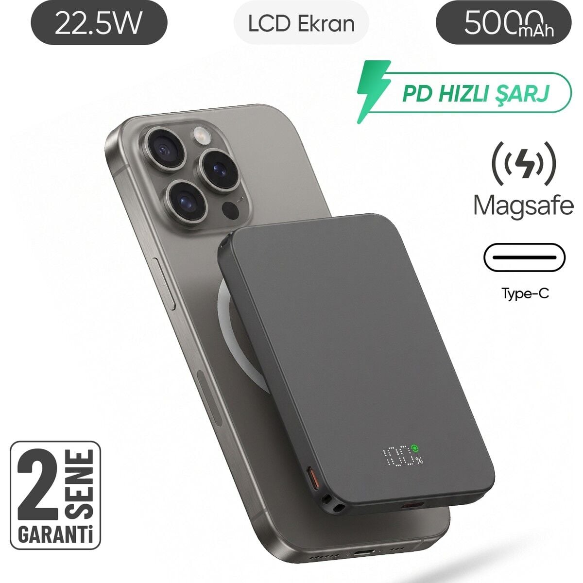 Snapron SNP-3020 Magsafe Powerbank 5000MAH Slim 22.5W Hızlı Şarj LED Ekran Ince Powerbank Şarj Cihazı